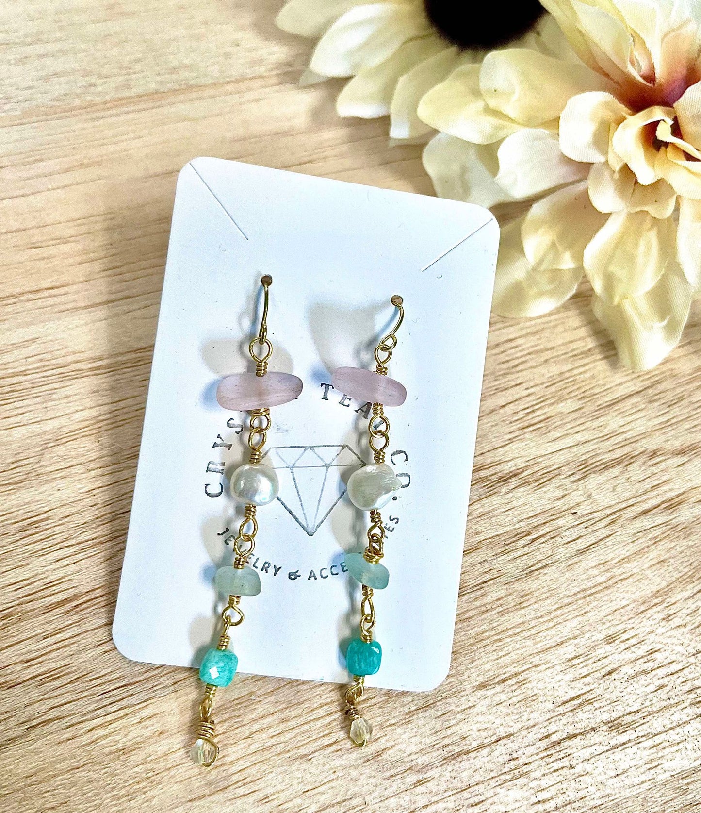 Sea Glass Pearl Dangle 14K Gold Earrings